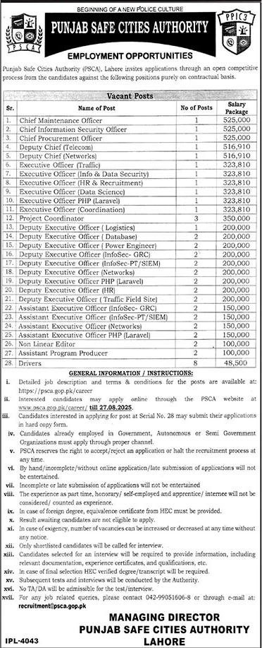 Jobs in Punjab Safe Cities Authority Lahore